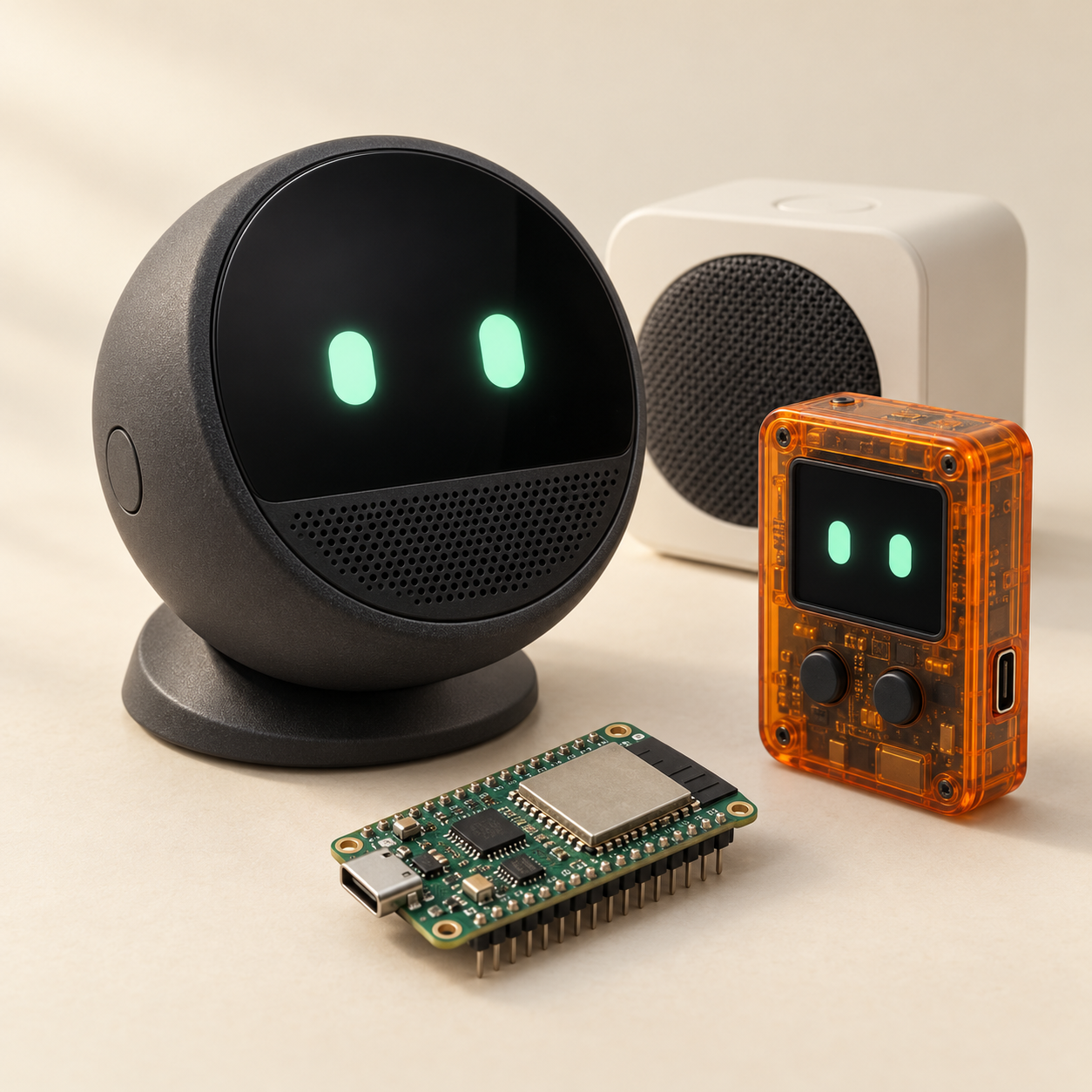 Concept AI voice companion, orange pocket device, voice speaker and ESP32 board